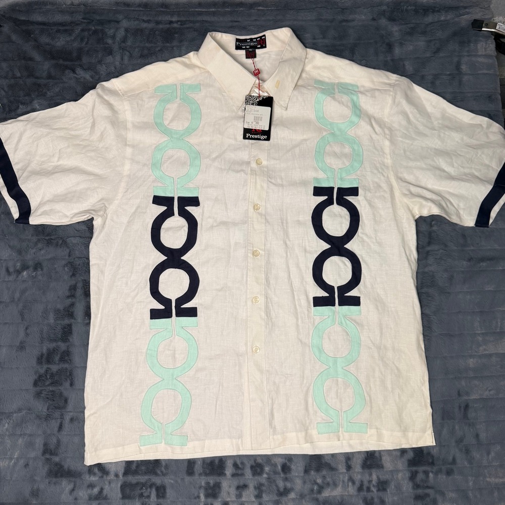Royal Prestige Linen Button Down Mens 4XL White Geometric Applique CPT-227